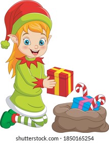 Cartoon christmas elf with bag of gifts
