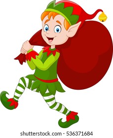 Cartoon Christmas elf carrying a bag of present