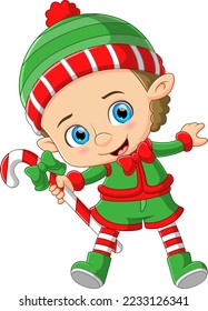 Cartoon christmas elf carrying big a candy cane of illustration