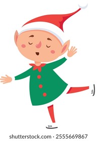 Cartoon christmas elf dancing joyfully with closed eyes, dressed in a vibrant green dress and red tights, radiating happiness and magic throughout the festive season