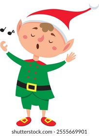 Cartoon christmas elf dressed in a vibrant green costume, red shoes, and a cheerful santa hat, joyfully singing a christmas carol while surrounded by playful musical notes