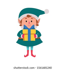 cartoon christmas elf with gift box icon over white background, vector illustration