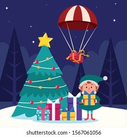 cartoon christmas elf and gift boxes and christmas tree over winter night background, colorful design , vector illustration