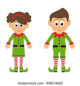 cartoon christmas elf girl and boy on a white background