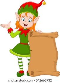 Cartoon Christmas elf girl holding old paper scroll