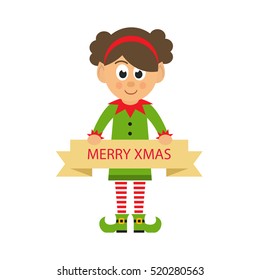 cartoon christmas elf girl with a sign on a white background