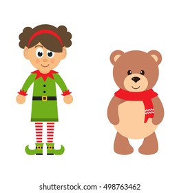 cartoon christmas elf girl and winter bear on a white background