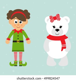 cartoon christmas elf girl and winter bear