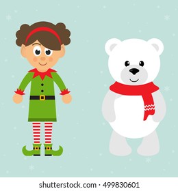 cartoon christmas elf girl and winter teddy