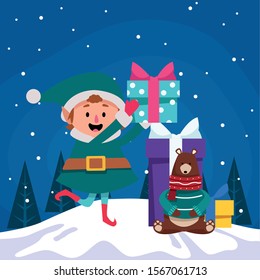 cartoon christmas elf and grizzly bear with gift boxes over winter night background, colorful design , vector illustration