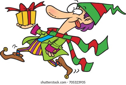 cartoon Christmas elf holding a present