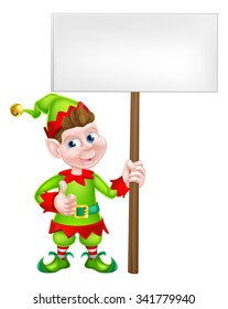 Cartoon Christmas Elf holding a sign and giving a thumbs up