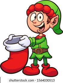 Cartoon Christmas elf holding a Christmas stocking clip art. Vector illustration with simple gradients. Some elements on separate layers. 
