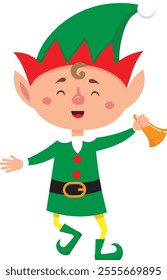 Cartoon christmas elf joyfully ringing a golden bell, wearing a green and red outfit, embodies the festive spirit and spreads holiday cheer with a cheerful smile