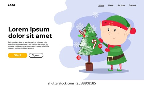 Cartoon Christmas elf landing page design. Illustration of elf in green costume decorating fir tree. Christmas, fairy tales, celebration concept can be used for website or banner design