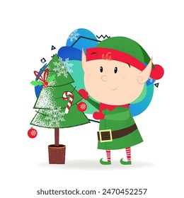 Cartoon Christmas elf postcard element design. Illustration of elf in green costume decorating fir tree. Christmas, fairy tales, cartoon character. Can be used for postcards, posters, greeting cards