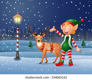 Cartoon Christmas elf with reindeer