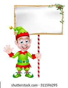 Cartoon Christmas Elf or Santa Christmas helper holding a blank sign
