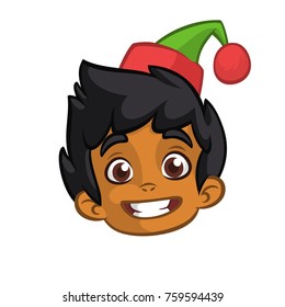 Cartoon Christmas elf Santa helper head icon. Vector illustration isolated on white