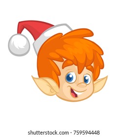 Cartoon Christmas elf Santa helper head icon. Vector illustration isolated on white
