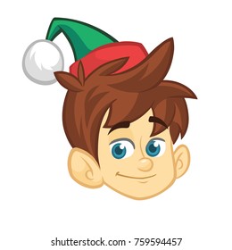 Cartoon Christmas elf Santa helper head icon. Vector illustration isolated on white