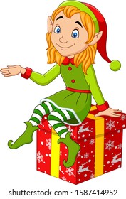 Cartoon christmas elf sitting on the gift