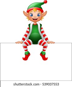 Cartoon Christmas elf sitting on blank sign