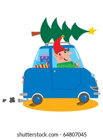 Cartoon Christmas Elf taking Christmas Tree home on car roof