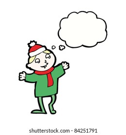 cartoon christmas elf with thought bubble
