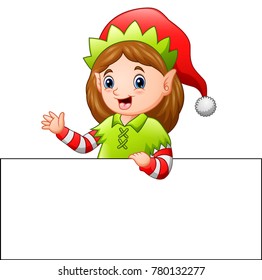 Cartoon Christmas Elf Waving At A Blank Sign