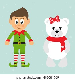 cartoon christmas elf and winter bear