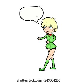 cartoon christmas elf woman with speech bubble
