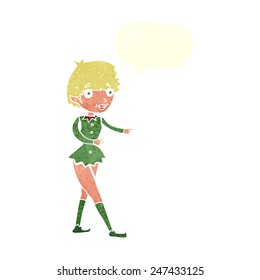 cartoon christmas elf woman with speech bubble