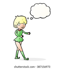 cartoon christmas elf woman with thought bubble