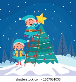 cartoon christmas elfs putting a star on a christmas tree over winter night background, colorful design , vector illustration