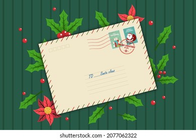 Cartoon Christmas envelop postage with stamp decoration by berry and leaf. Merry Christmas cutout element for Holiday cards, invitations and website. Artwork for Greeting card, banner, poster website.