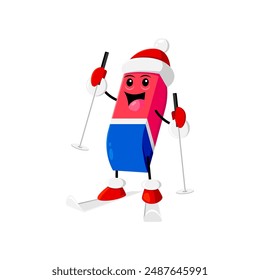 Cartoon Christmas eraser school education item, stationery character in Santa hat, gleefully skis down snowy slopes, spreading festive holiday cheer with playful slide through the winter wonderland