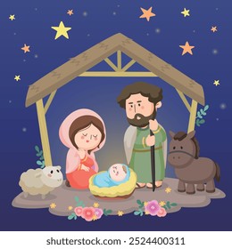 Ilustração da véspera de Natal dos desenhos animados. O Santo Menino, Maria e José na manjedoura. História bíblica das crianças. Jesus Cristo e a Sagrada Família