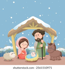 Cartoon Christmas Eve illustration.Holy night. The Holy Child, Mary and Joseph in the manger. Children's Bible story. Jesus Christ 