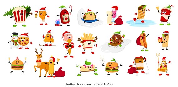 Personagens de fast-food de Natal dos desenhos animados. Milho pop vetorial, perna de galinha e ketchup, taco, coquetel, burrito e copo de cola. Pizza, nachos, sorvete e batatas fritas com rosquinha ou cachorro-quente, bolo ou café