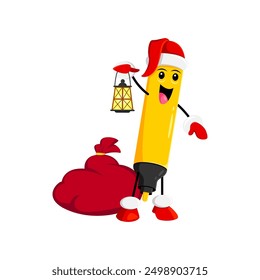 Cartoon Christmas felt-tip pen, school education item, stationery character with gifts bag and lantern. Isolated vector personage in Santa hat, illuminating way with warm glow, spreading holiday cheer