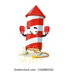 cartoon christmas firecracker with a burning wick mascot in red boxing gloves on white background