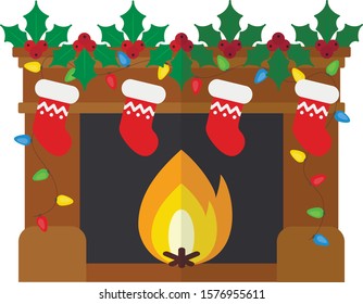 Cartoon Christmas fireplace. New year flat icon
