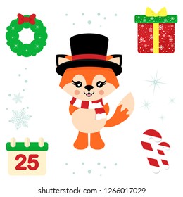 cartoon christmas fox with scarf and hat and christmas elements