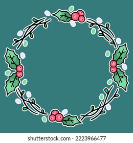 Cartoon Christmas frame with mistletoe in the style of doodles, hand drawn