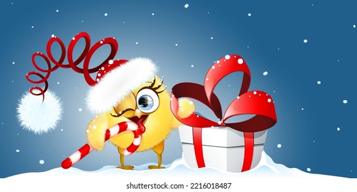 Cartoon Christmas funny little Chick Santa licking candy cane and holding big gift box with bow