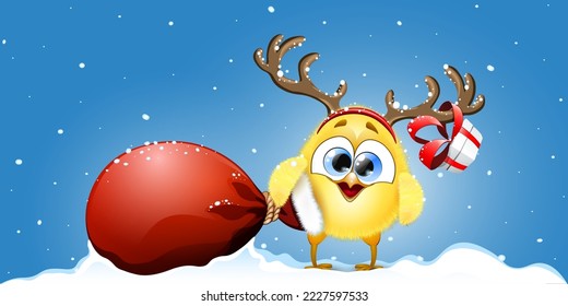 Cartoon Christmas funny little Chick deer with horns headband, gift box and holding big Santa bag under snowfall