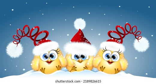 Cartoon Christmas funny little Chicks  sitting in Santa hats under snowfall