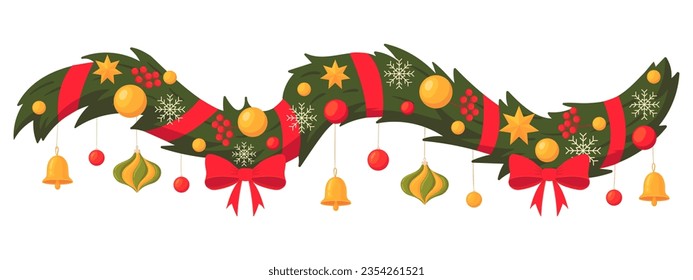 Cartoon Christmas garland. Traditional winter holidays evergreen spruce branch garland, fir tree xmas decoration. Merry Christmas flat vector illustration