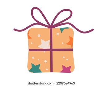 Cartoon Christmas gift box with stars and ribbon